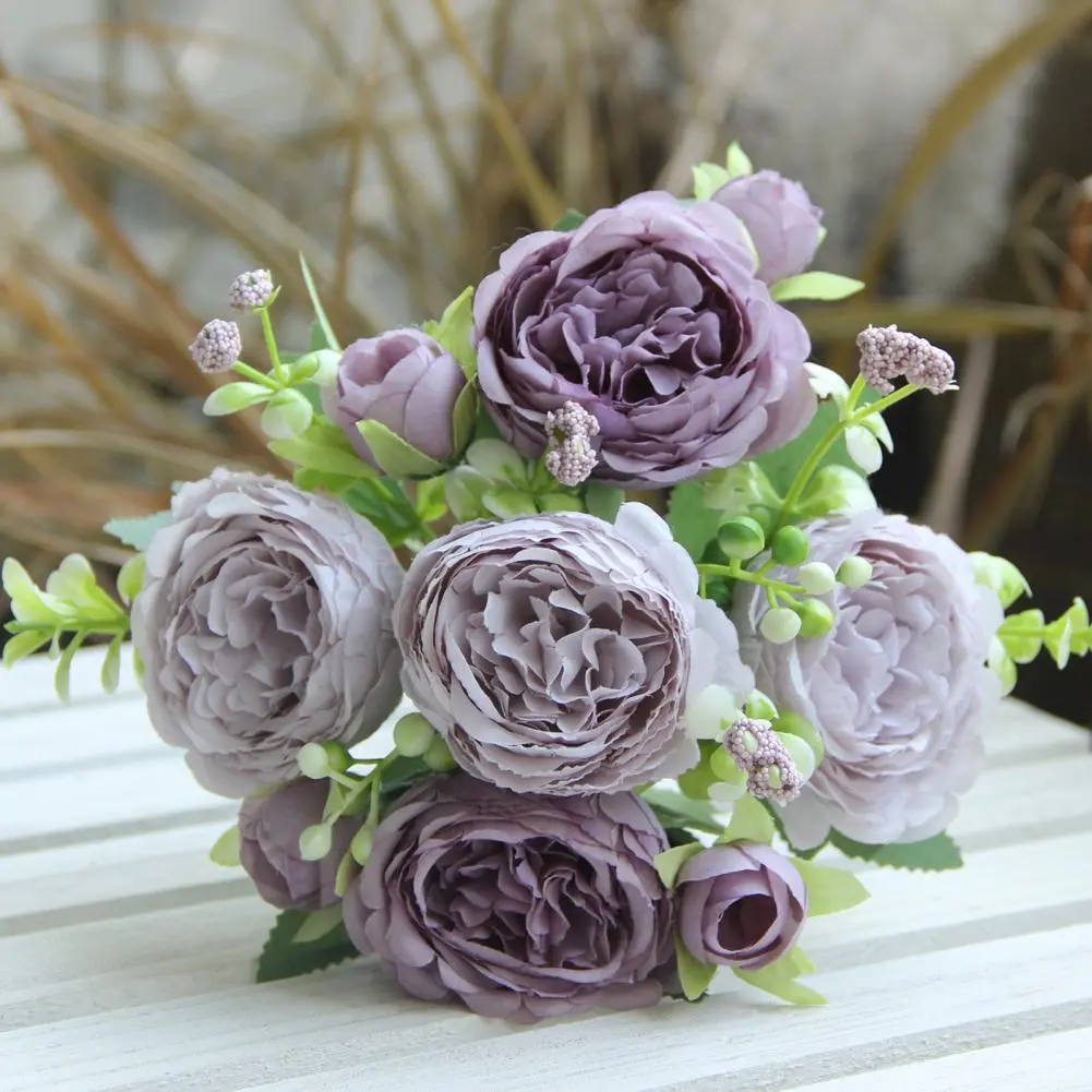 5 Fork Artificial Peony Realistic Artificial Peony Flowers with Green Leaves Set of 2 Silk Blooms for Home Office Party Decor