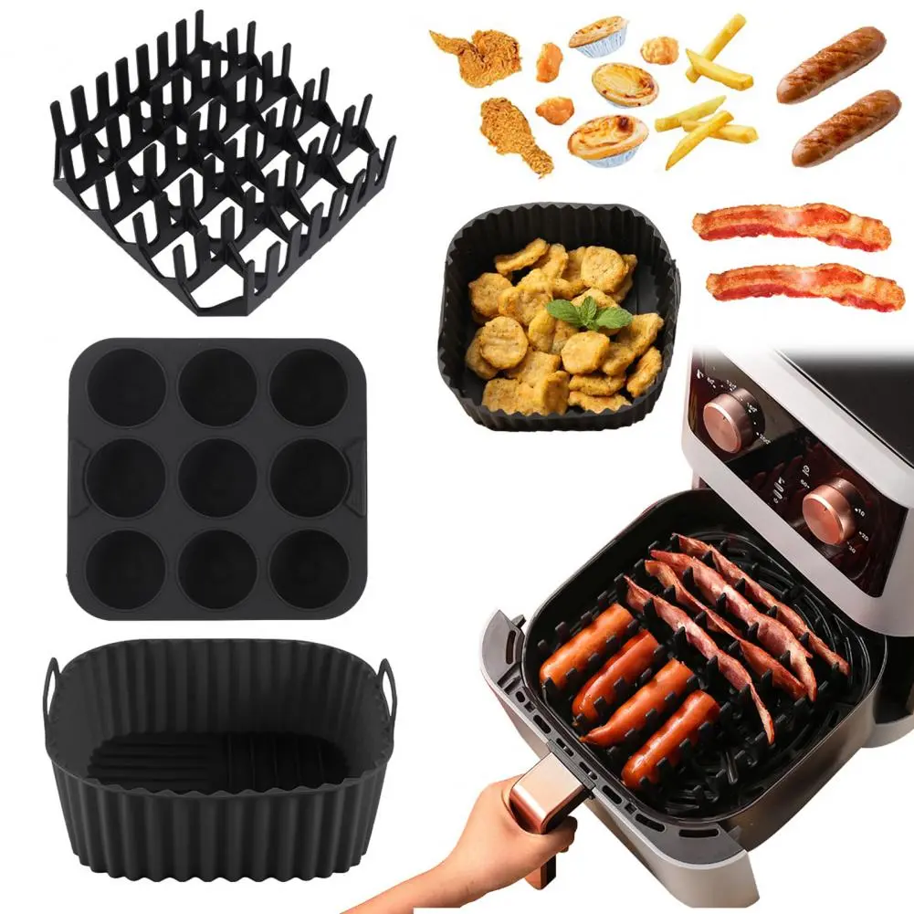 Square Air Fryer Baking Tray Silicone Basket Liners for Air Fryer Oven Square Reusable Molds for Bbq Grill Baking Pan for Hot