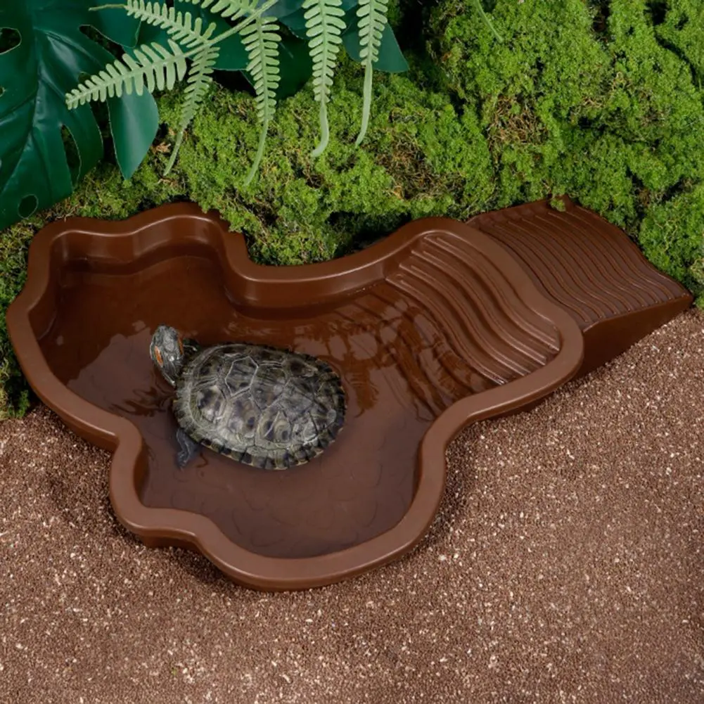 Sturdy Bath Container 2-in-1 Tortoise Water Bowl with Ramp for Feeding Dish Bathing Pool Aquarium Ornament for Lizard Turtle