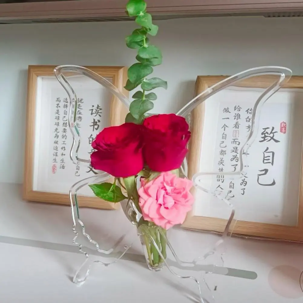 Transparent Shatter-proof Vase Elegant Acrylic Butterflies Vase with Leak-proof Base for Bookshelf Floral Arrangement