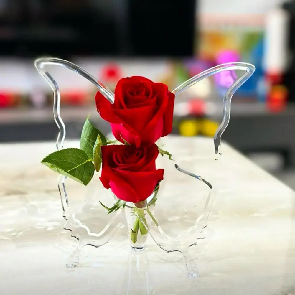 Transparent Shatter-proof Vase Elegant Acrylic Butterflies Vase with Leak-proof Base for Bookshelf Floral Arrangement
