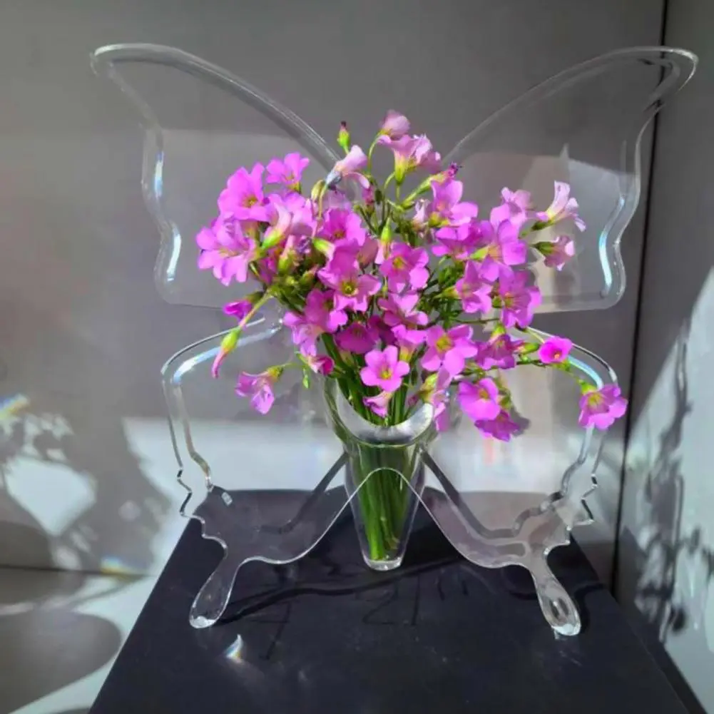 Transparent Shatter-proof Vase Elegant Acrylic Butterflies Vase with Leak-proof Base for Bookshelf Floral Arrangement