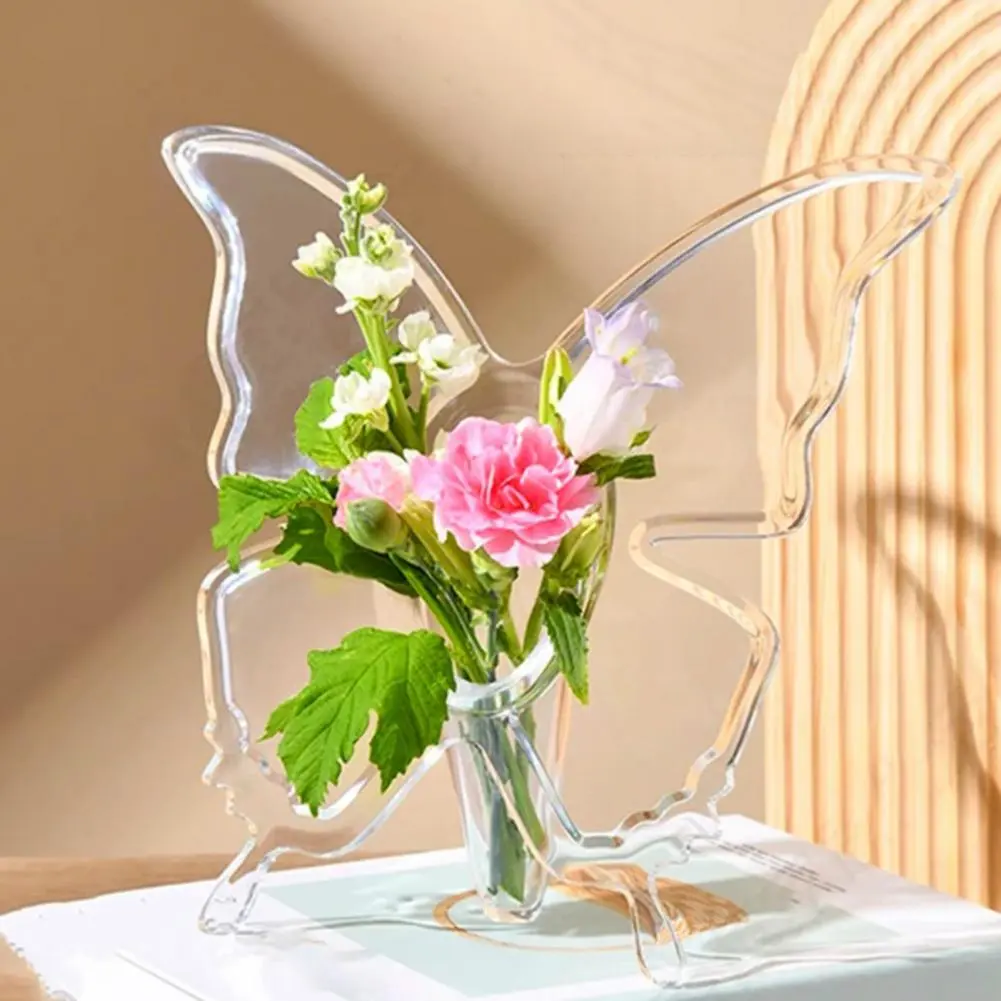 Transparent Shatter-proof Vase Elegant Acrylic Butterflies Vase with Leak-proof Base for Bookshelf Floral Arrangement