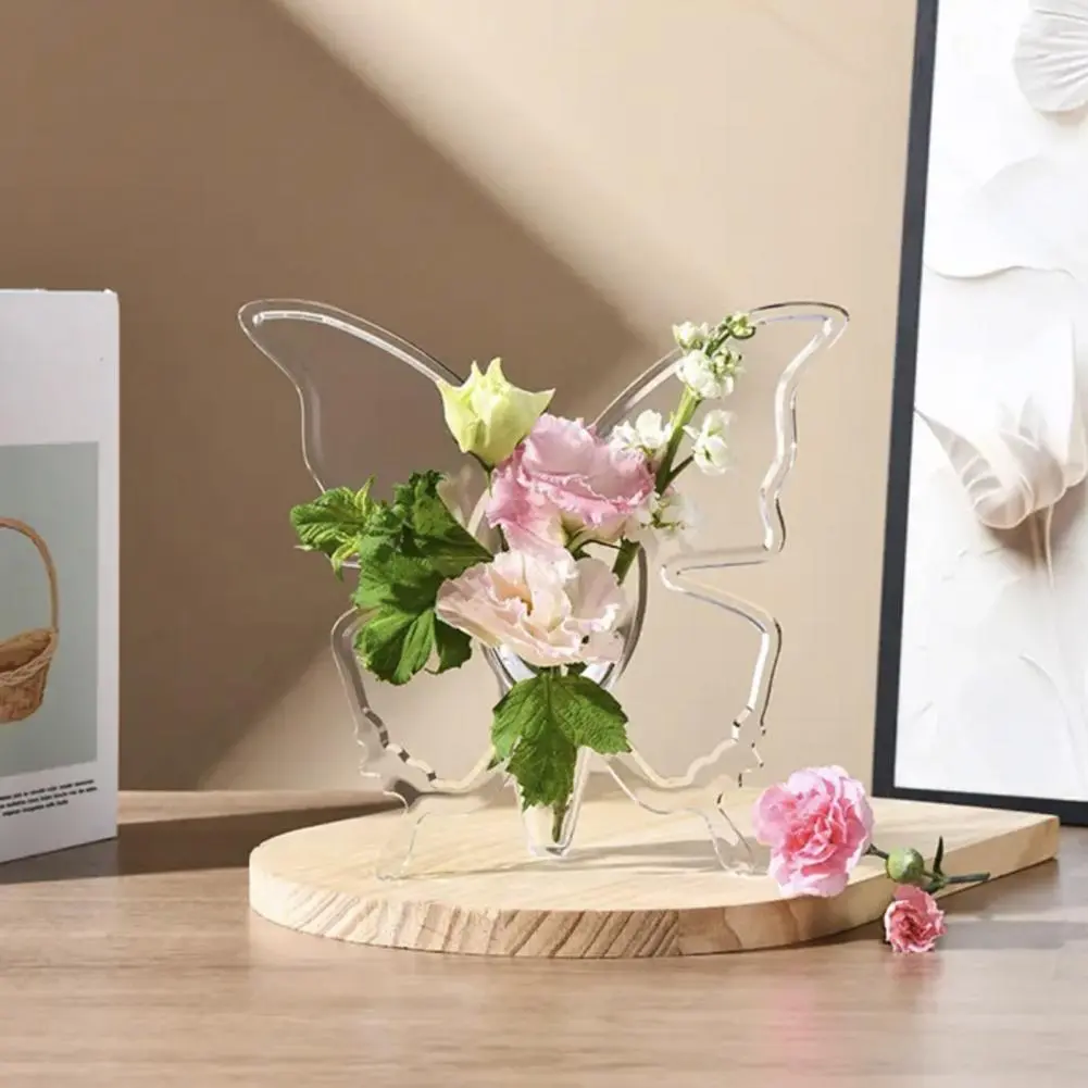 Transparent Shatter-proof Vase Elegant Acrylic Butterflies Vase with Leak-proof Base for Bookshelf Floral Arrangement