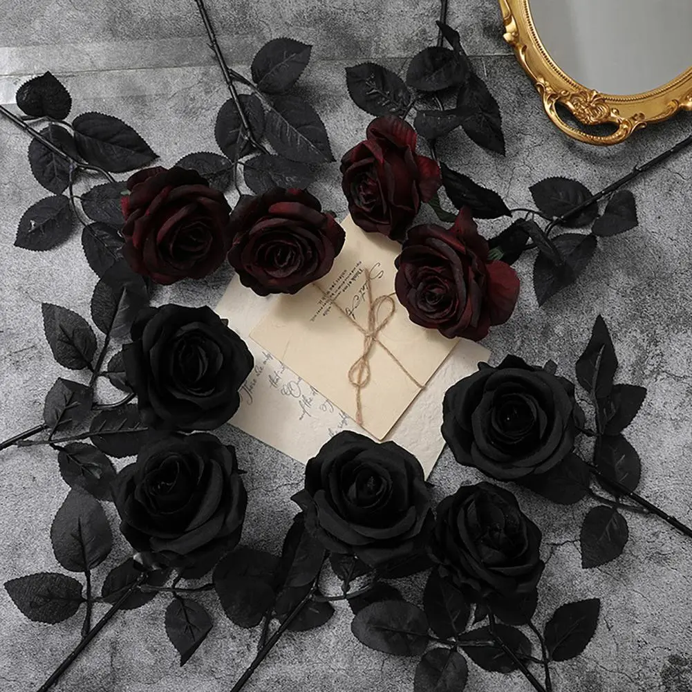 Long Stem Fake Roses Realistic Black Dark Artificial Roses for Home Party Wedding Decoration Bendable Stem Faux for Weddings