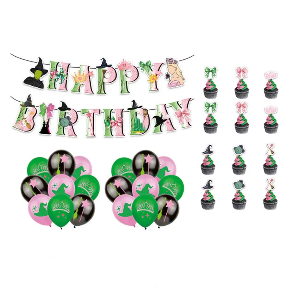 Witch Hat Balloon Set Theme Party Decoration Set Cake Toppers Balloons Happy Birthday Banner Green Pink Birthday Supplies for A