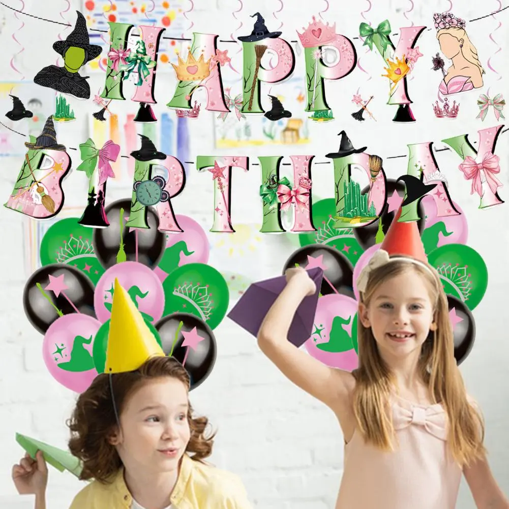 Witch Hat Balloon Set Theme Party Decoration Set Cake Toppers Balloons Happy Birthday Banner Green Pink Birthday Supplies for A