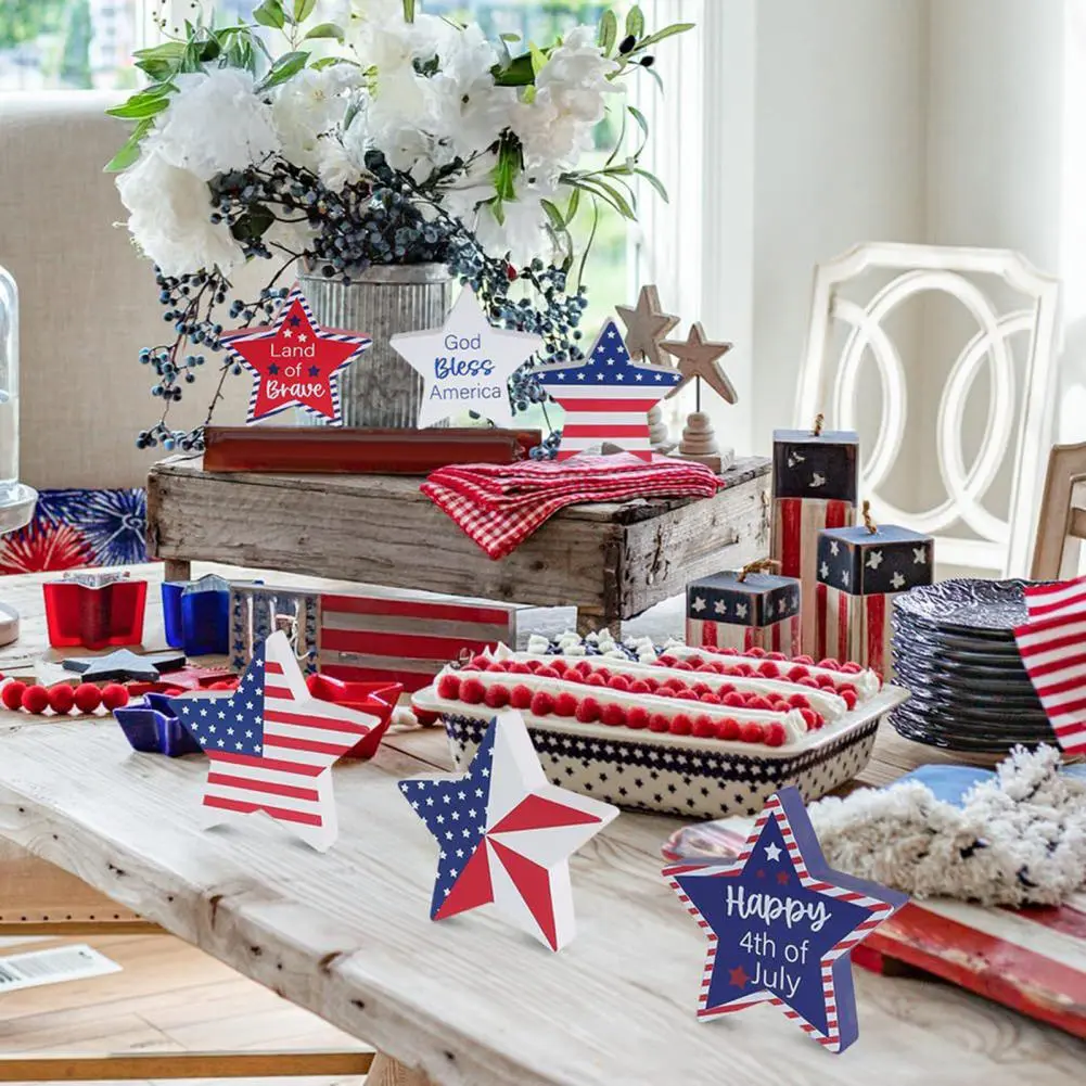 God Bless America Tabletop Decoration Patriotic Wooden Star Signs for Independence Day Day Decor Rustic for 4th for Space