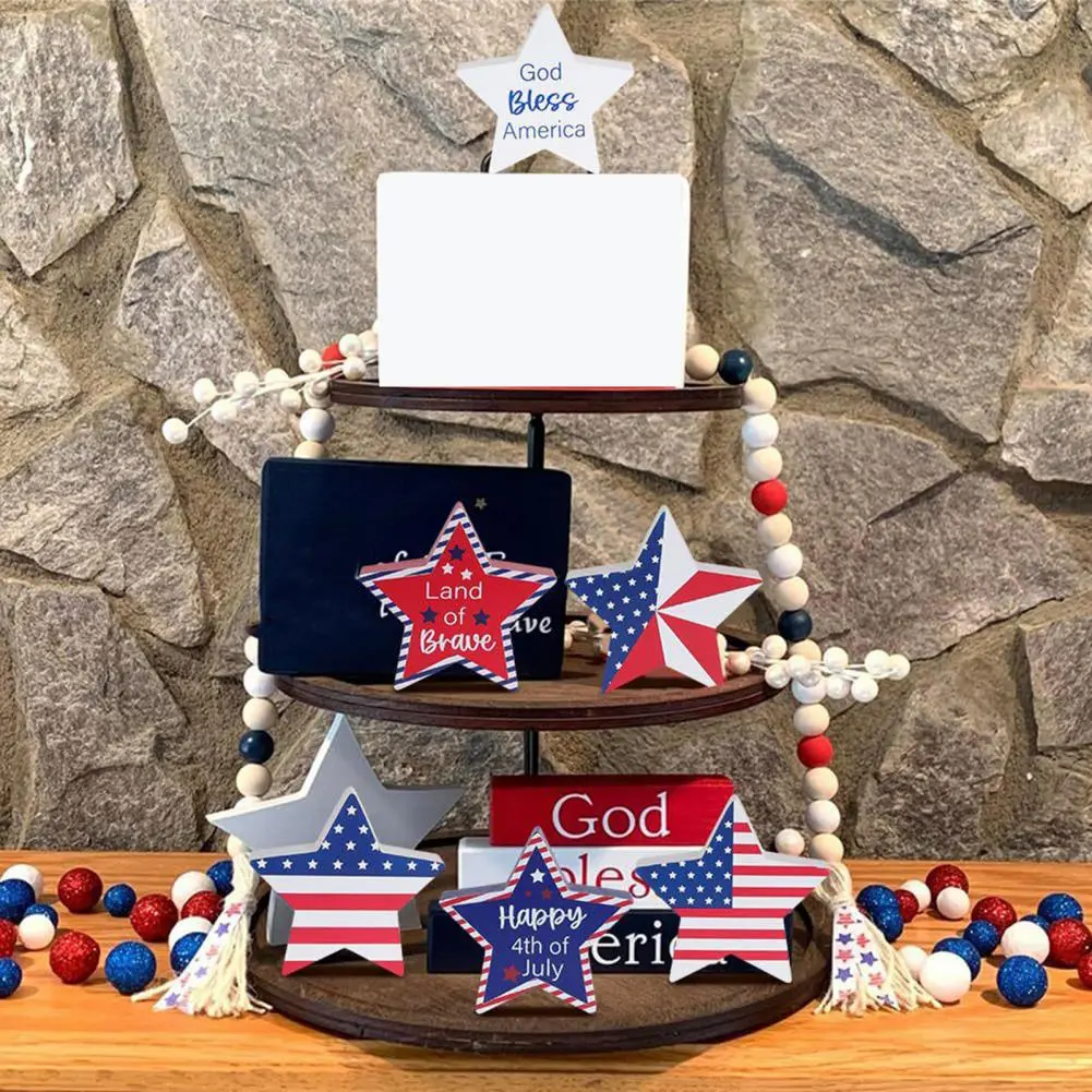 God Bless America Tabletop Decoration Patriotic Wooden Star Signs for Independence Day Day Decor Rustic for 4th for Space