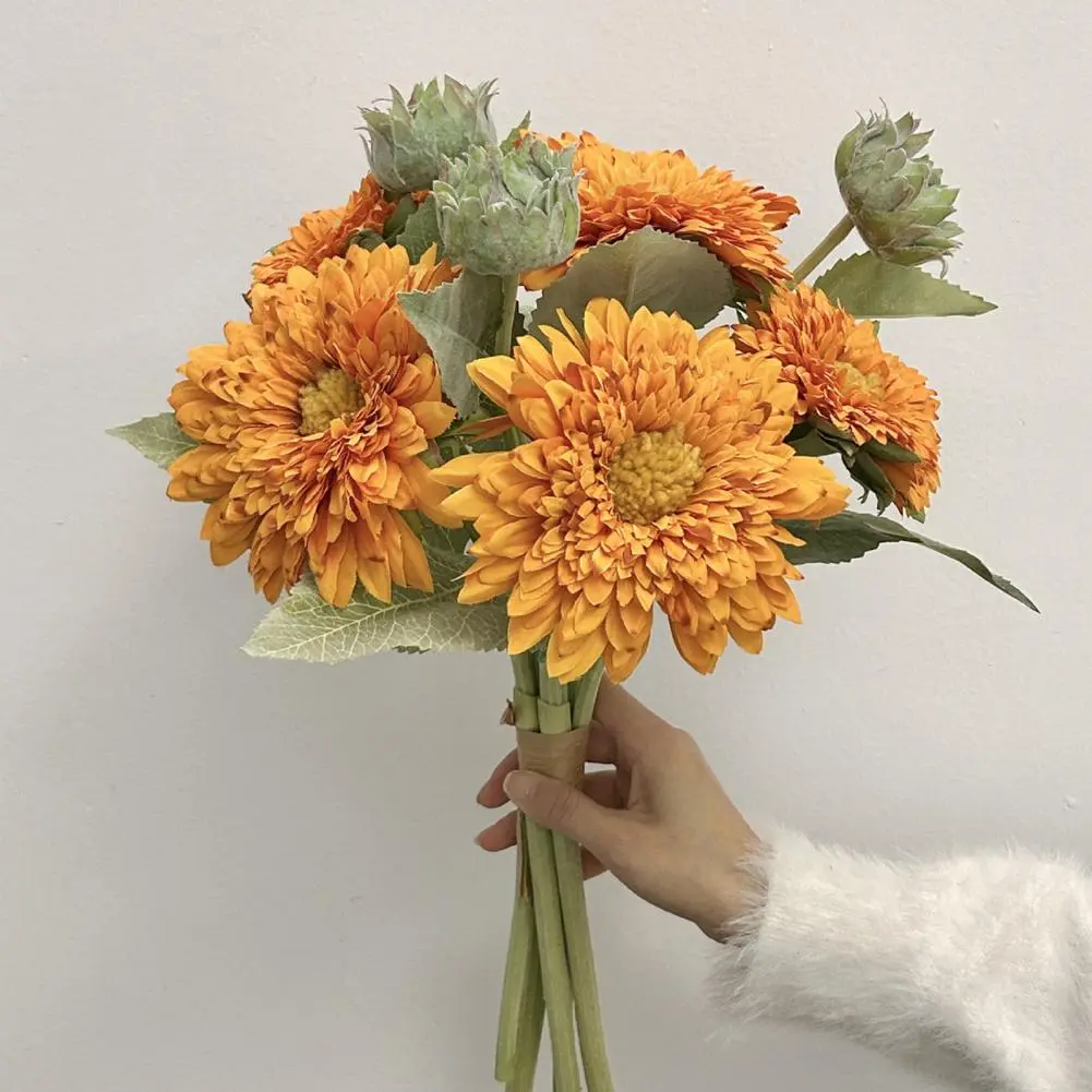 Wedding Sunflower Decor Realistic Artificial Sunflower Bouquet with Green Leaves for Home Office Decor Fake Silk for Wedding