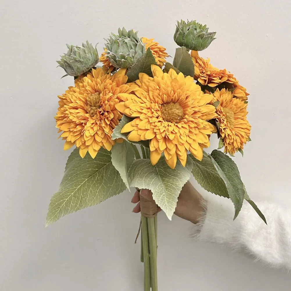 Wedding Sunflower Decor Realistic Artificial Sunflower Bouquet with Green Leaves for Home Office Decor Fake Silk for Wedding