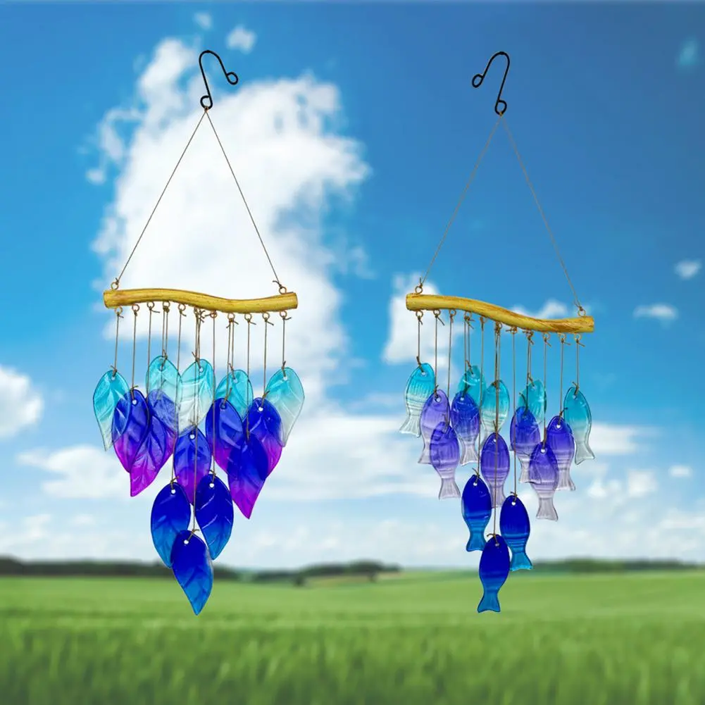 Soothing Wind Chime Blue Glass Fish Wind Chime for Outdoor Garden Patio Decor Weather-proof Stained Glass Leaf Hanging Ornament