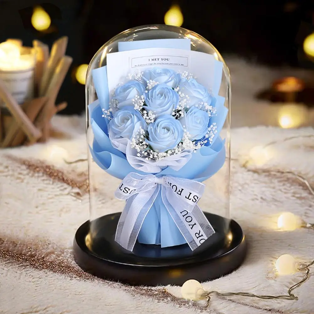 Artificial Rose Flower Elegant Led Light Glass Dome Eternal Rose Bouquet Romantic Anniversary Gift for Women Beautiful
