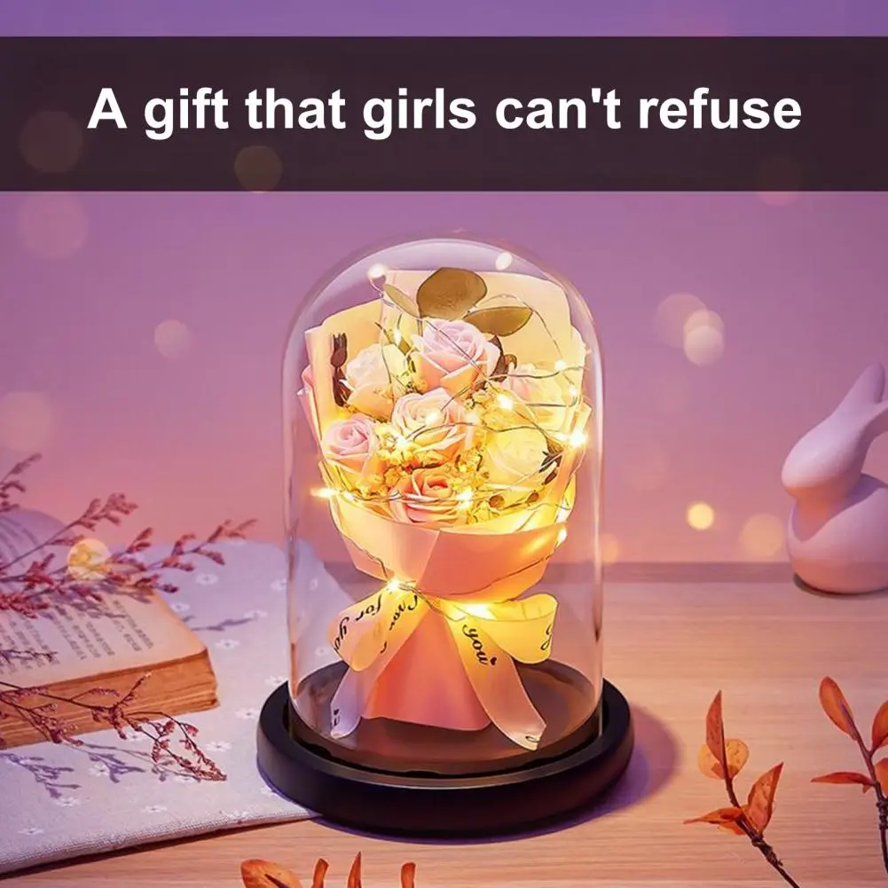 Artificial Rose Flower Elegant Led Light Glass Dome Eternal Rose Bouquet Romantic Anniversary Gift for Women Beautiful