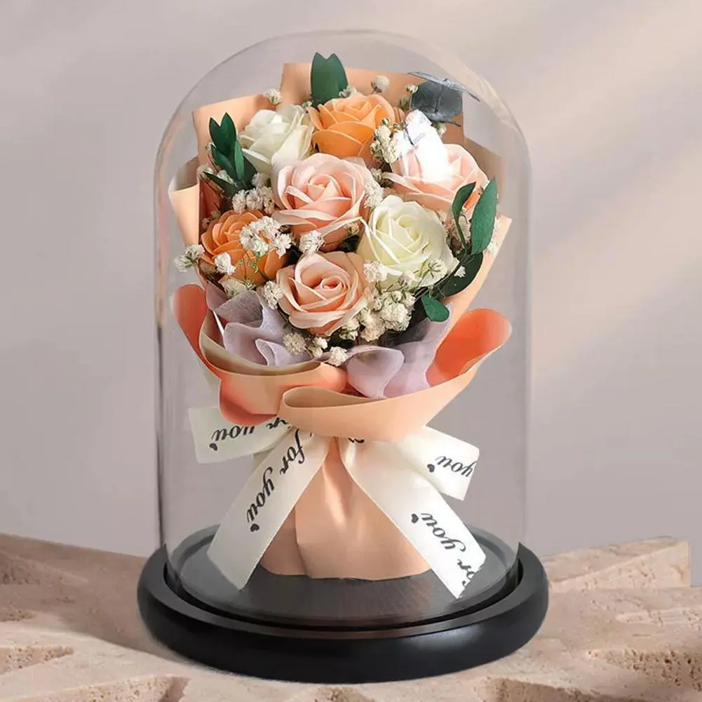 Artificial Rose Flower Elegant Led Light Glass Dome Eternal Rose Bouquet Romantic Anniversary Gift for Women Beautiful