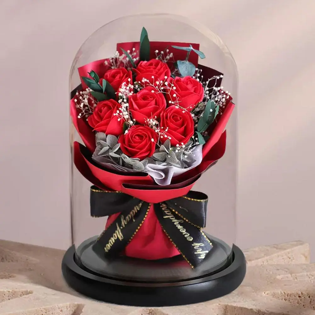 Artificial Rose Flower Elegant Led Light Glass Dome Eternal Rose Bouquet Romantic Anniversary Gift for Women Beautiful
