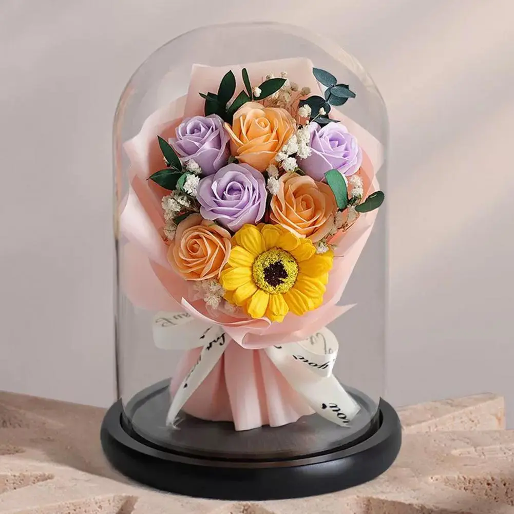Artificial Rose Flower Elegant Led Light Glass Dome Eternal Rose Bouquet Romantic Anniversary Gift for Women Beautiful