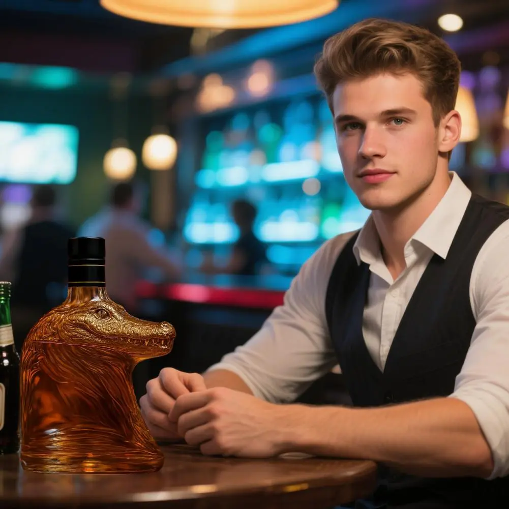 Tropical Themed Whiskey Bottle Handmade Crocodile Head Glass Wine Decanter for Whiskey Vodka Beer Artistic Beverage for Home