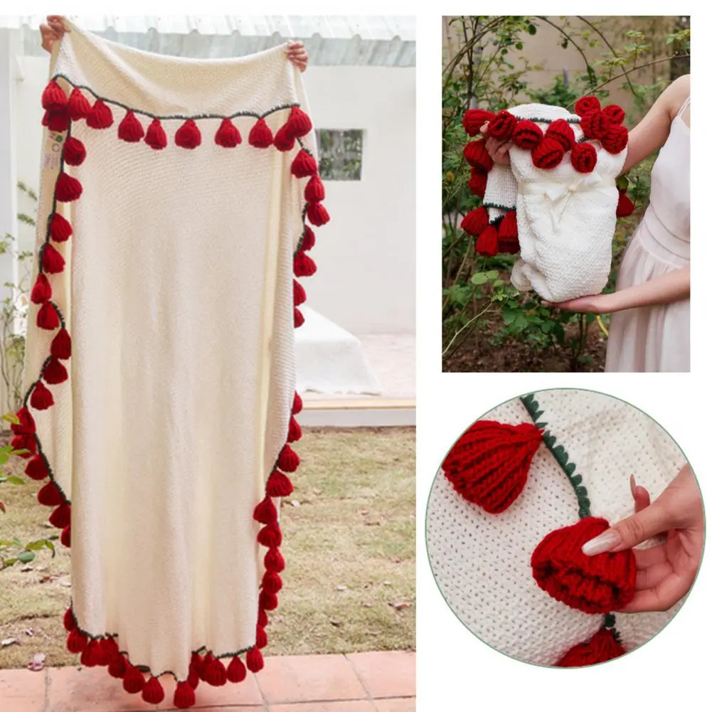 Shrink-resistant Throw Blanket Crochet Rose Bouquet Blanket Soft Knitted Throw for Decorative Home Accent Breathable for Her