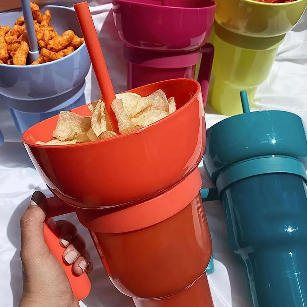 Popcorn Bowl with Lid Reusable Popcorn Drink Cup with Snack Bowl Straw Leakproof Stadium Tumbler for Cinema Beverage 2-in-1
