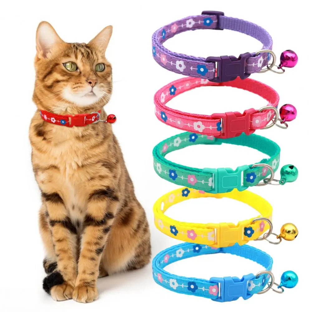 Durable Cat Collar Floral Design Pet Collar Set with Bells for Tiny Cats Dogs Adjustable Puppy Collar for Small Cute Fancy