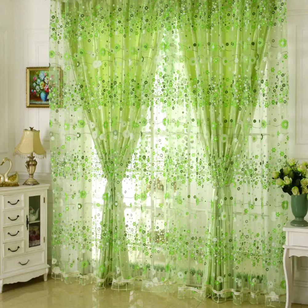 Sheer Curtain 2 Colors Double-layer Printed Tulle Drape Curtain Beautiful Comfortable Window Drape for Living Room