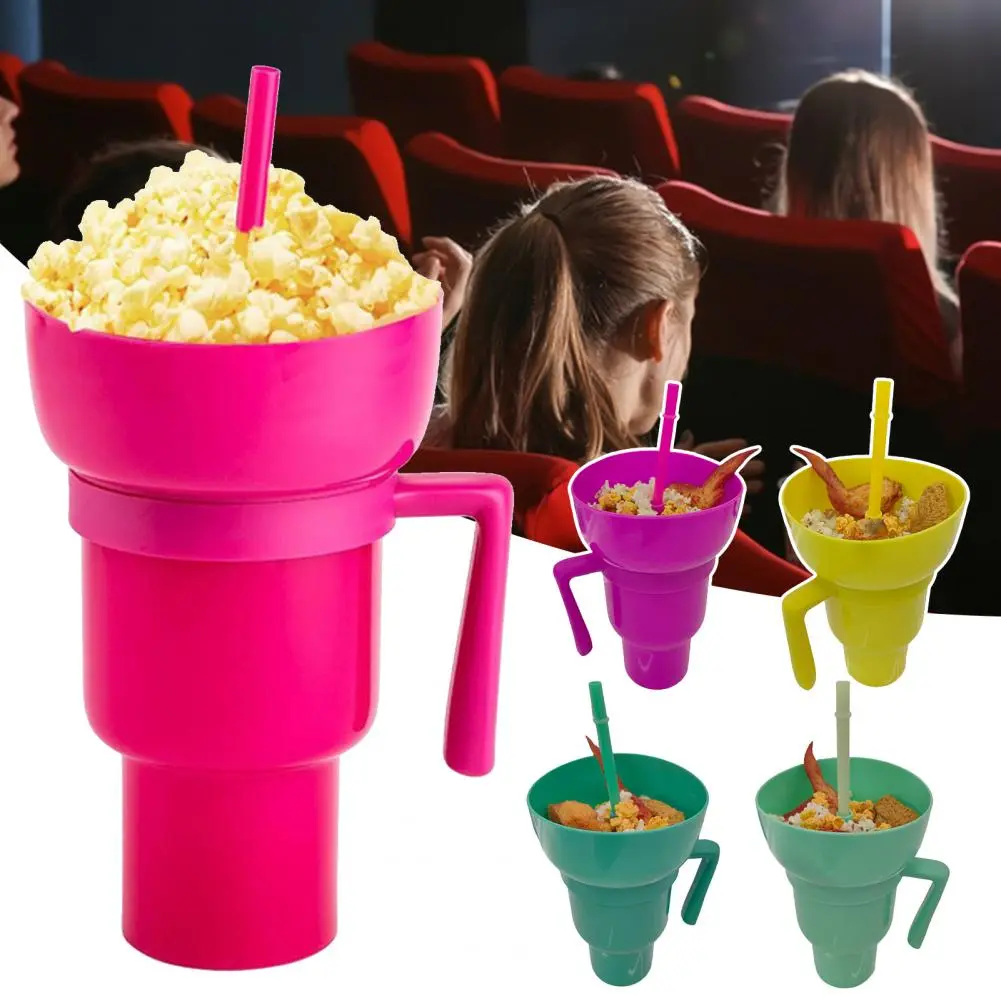 Popcorn Bowl with Lid Reusable Popcorn Drink Cup with Snack Bowl Straw Leakproof Stadium Tumbler for Cinema Beverage 2-in-1