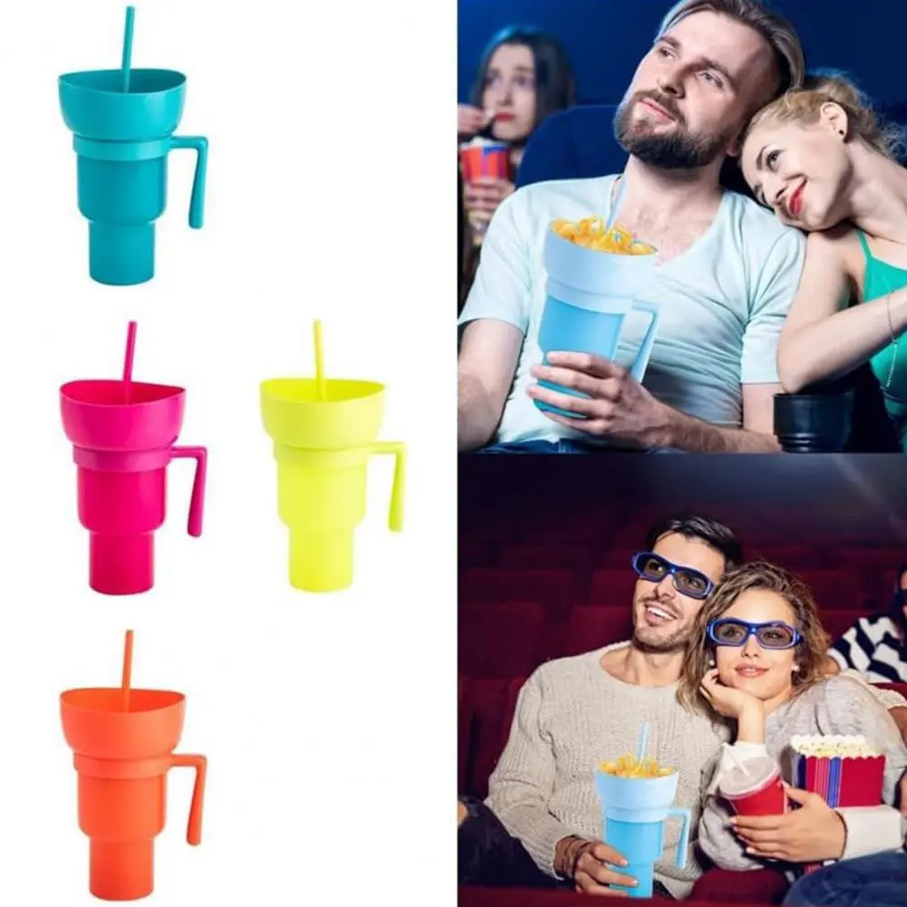 Popcorn Bowl with Lid Reusable Popcorn Drink Cup with Snack Bowl Straw Leakproof Stadium Tumbler for Cinema Beverage 2-in-1