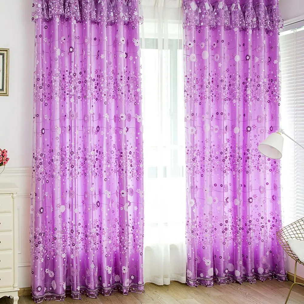 Sheer Curtain 2 Colors Double-layer Printed Tulle Drape Curtain Beautiful Comfortable Window Drape for Living Room