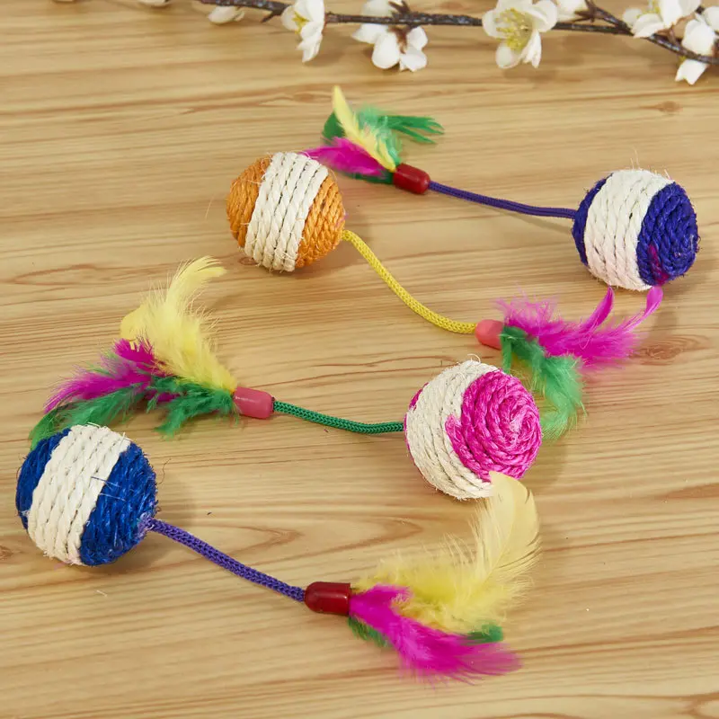 1PC Pet Cat Toy Colorful Feather Blanket Ball Grinding Claw Interactive Play Ball Cat Toy Sisal Shuttlecock Ball