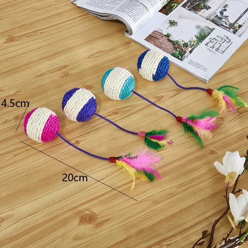 1PC Pet Cat Toy Colorful Feather Blanket Ball Grinding Claw Interactive Play Ball Cat Toy Sisal Shuttlecock Ball