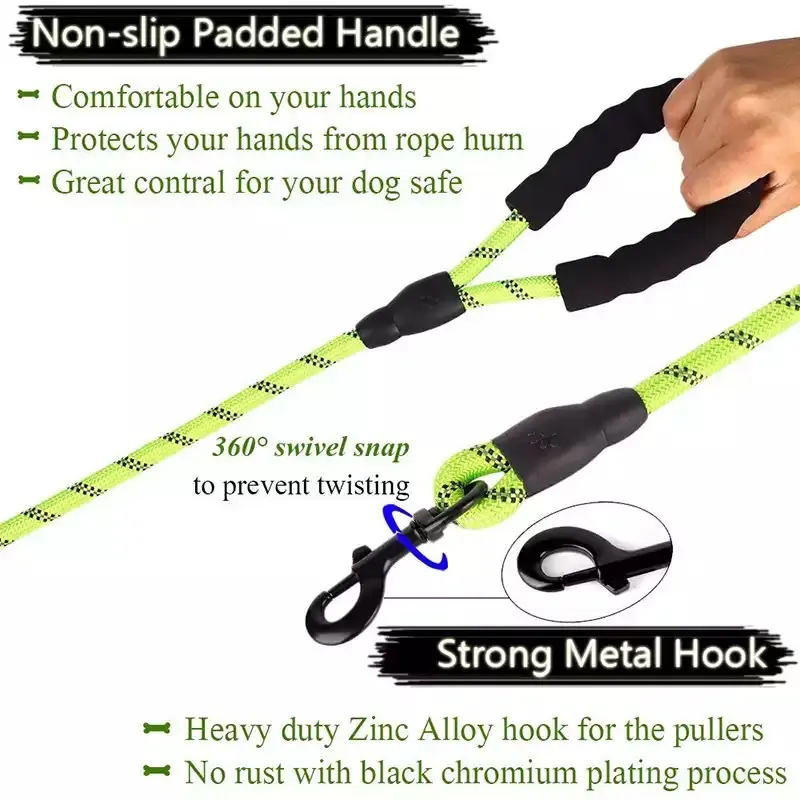 Reflective Dog Leash With Comfortable Padded Handle - Double Heavy Duty Traction Rope For Strong Dogs - Enhance Safety And Contr