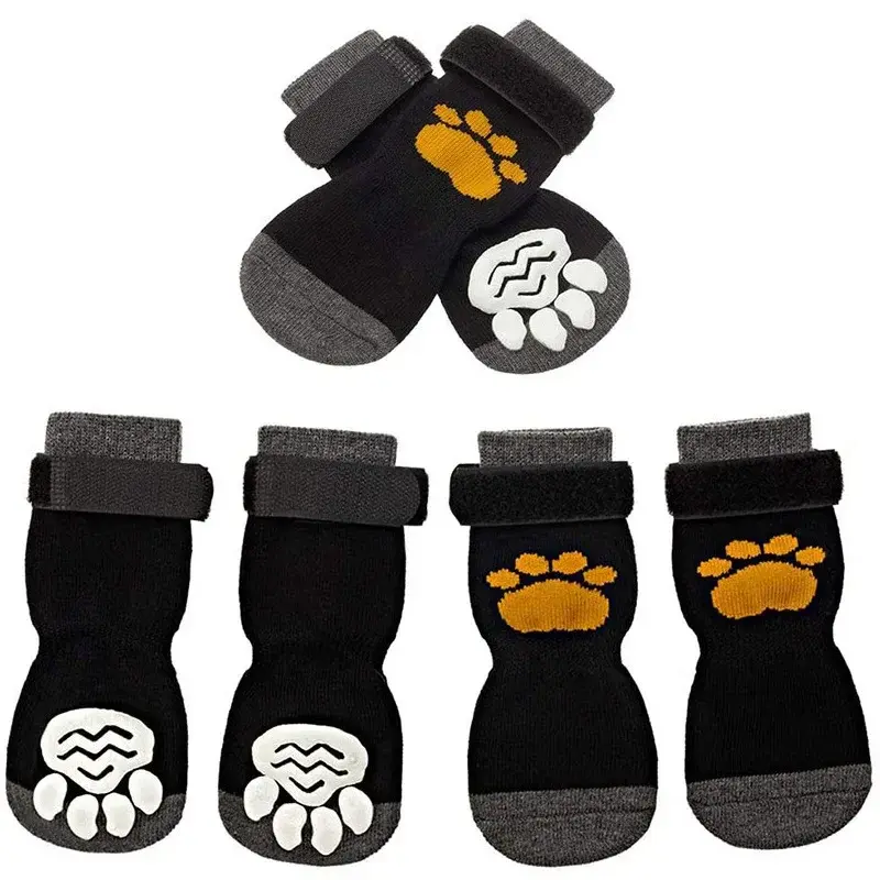 4PCS Adjustable Anti-Slip Dog Socks Pet Non-Slip Paw Protection with Paw Pattern for Puppy Dog Indoor Control Wear on Floor