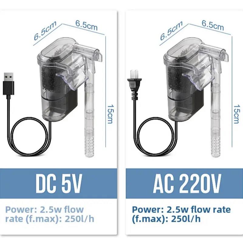New Hanging Filter Mini Filter Fish Tank USB Power Interface 2.5W Flow 250H/L Suitable for Fish Tanks Below 30cm Aquarium