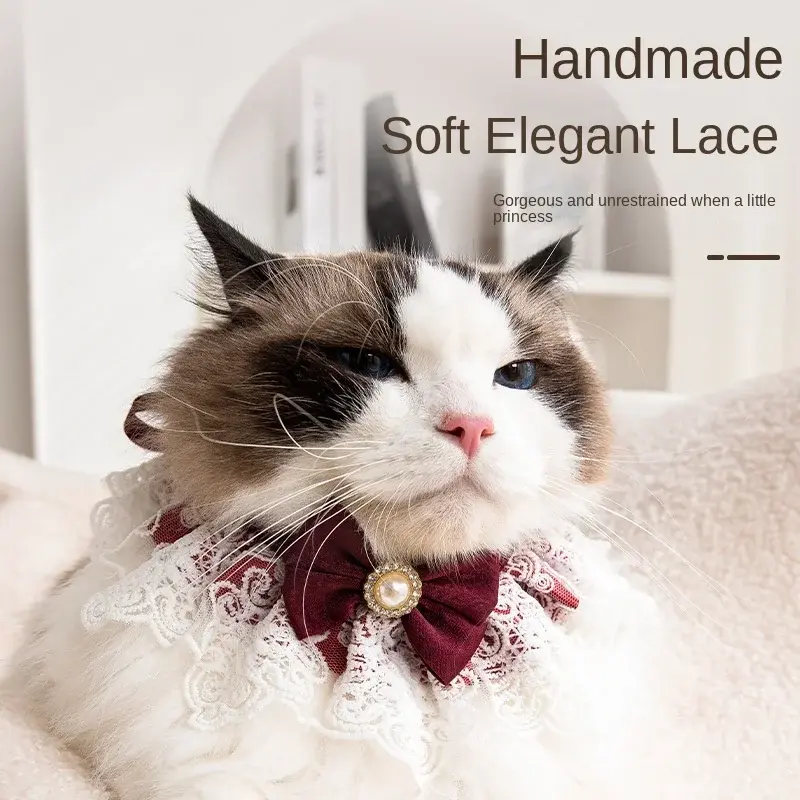 Bowtie Pearl Lace Collar Adjustable Cat Dog Bibs Pet Accessories Puppy Neckerchief Necklace Necktie Strap Scarf Pet Accessories
