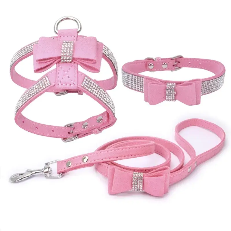 Pet Cat Dog Puppy Velvet Leather Vest Harness With Rhinestone Bling Blink Butterfly Bow Fashion Pet Accessories