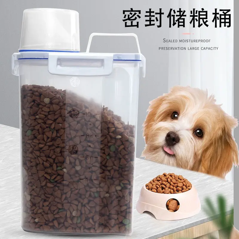 Dog Cat Food Pail Plastic Storage Tank with Measuring Cup Container Moisture-proof Sealed Jar Pet Supplies Accessories