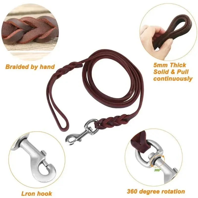 1.2-1.6m Genuine Leather Dogs Leash with Hook Pet Walking Training Brown Black Colors for Medium Large Pet Shepherd Greyhound