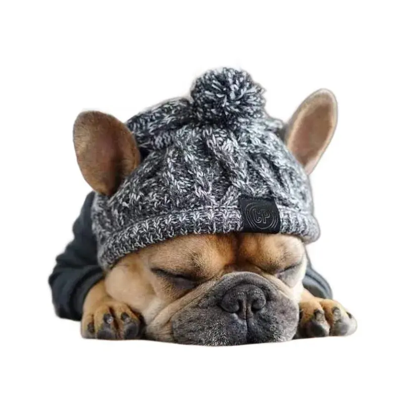Winter Warm Dog Hats Windproof Knitting French Bulldog Hat For Dogs Chihuahua Hat Fluffy Ball Pet Hat Puppy Accessories