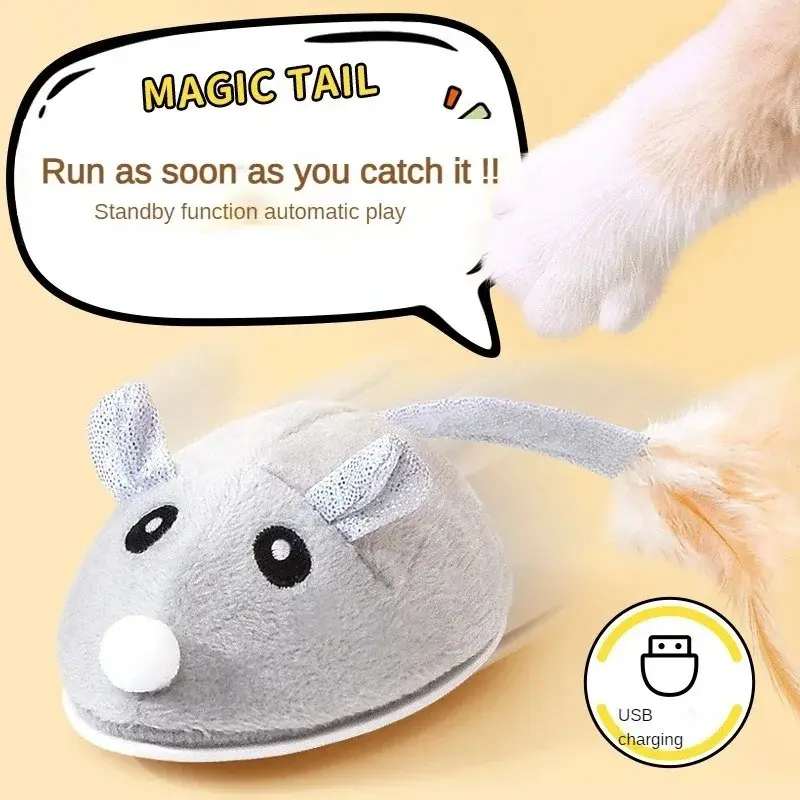 Interactive Mouse Toy for Cats USB Rat with Feather Toys Play-Catch Training Toy for Indoor Kittens Pets Supply Cat Tree Toy