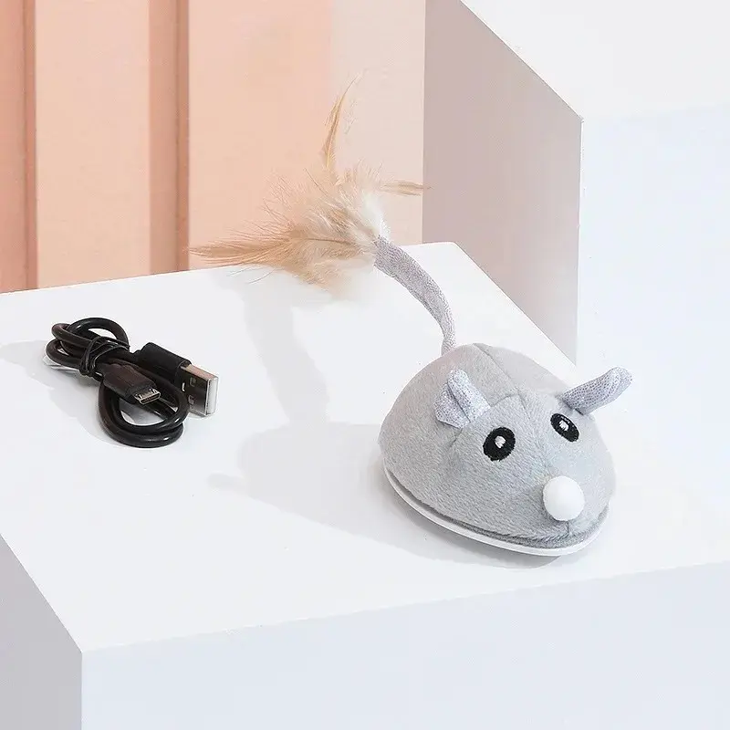 Interactive Mouse Toy for Cats USB Rat with Feather Toys Play-Catch Training Toy for Indoor Kittens Pets Supply Cat Tree Toy