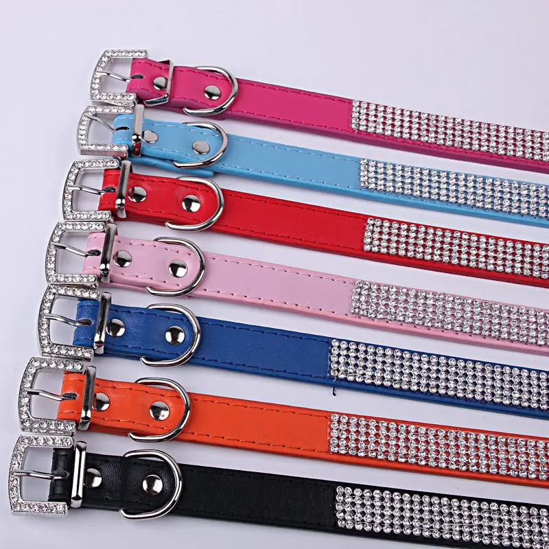 PU Leather Crystal Dog Collar Comfortable Glitter Rhinestone Dog Collars Alloy Buckle Collar for Small Dogs Cats
