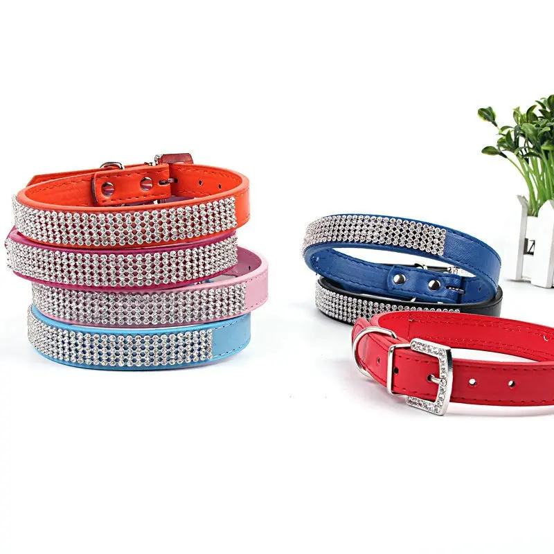 PU Leather Crystal Dog Collar Comfortable Glitter Rhinestone Dog Collars Alloy Buckle Collar for Small Dogs Cats