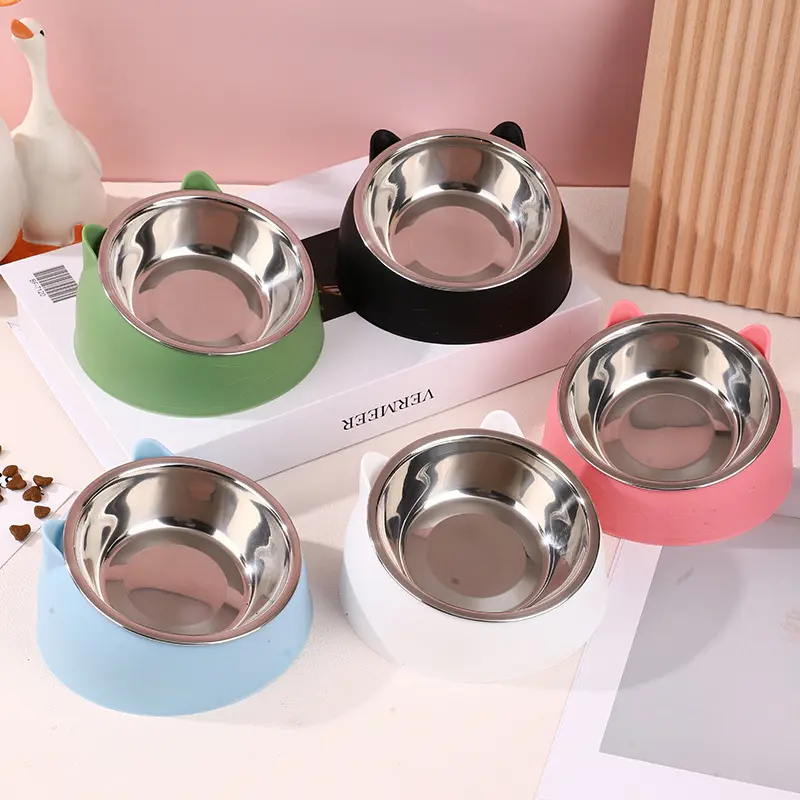 Cat Bowl Lovely Creative Inclined Kitten Puppy Food Feeding Bowls Stainless Steel Cats Drinking Feeder Pet Dogs Cats Feeders