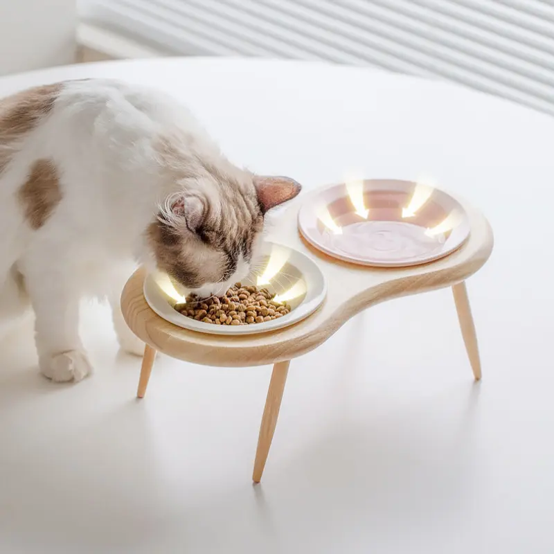 Pretty Ceramic Oak High Shelf Tableware Set Small Dog Water Bowl Stand Puppy Double Food Bowl Cat Pink Feeder Pet Supplies