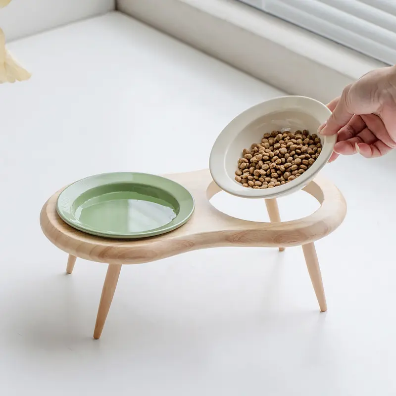 Pretty Ceramic Oak High Shelf Tableware Set Small Dog Water Bowl Stand Puppy Double Food Bowl Cat Pink Feeder Pet Supplies