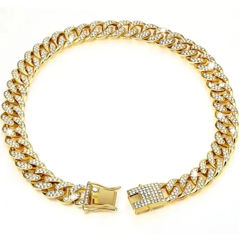 Dog Chain Diamond Cuban Collar Walking Metal Chain Collar with Design Secure Buckle, Pet Cat Cuban Collar Jewelry Accessories
