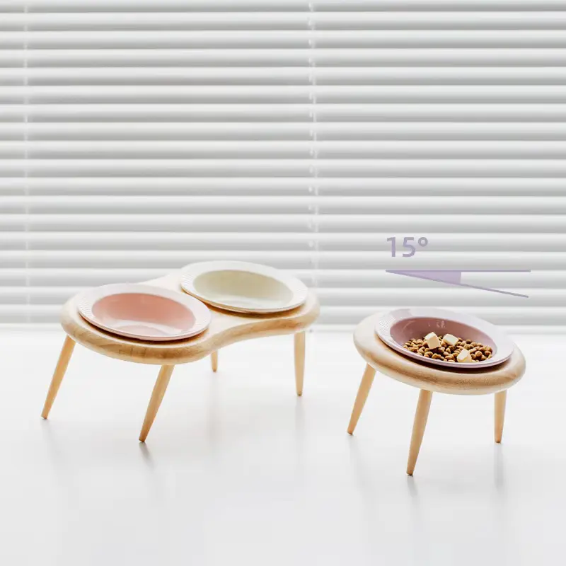 Pretty Ceramic Oak High Shelf Tableware Set Small Dog Water Bowl Stand Puppy Double Food Bowl Cat Pink Feeder Pet Supplies