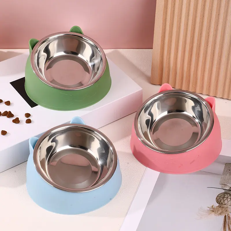 Cat Bowl Lovely Creative Inclined Kitten Puppy Food Feeding Bowls Stainless Steel Cats Drinking Feeder Pet Dogs Cats Feeders