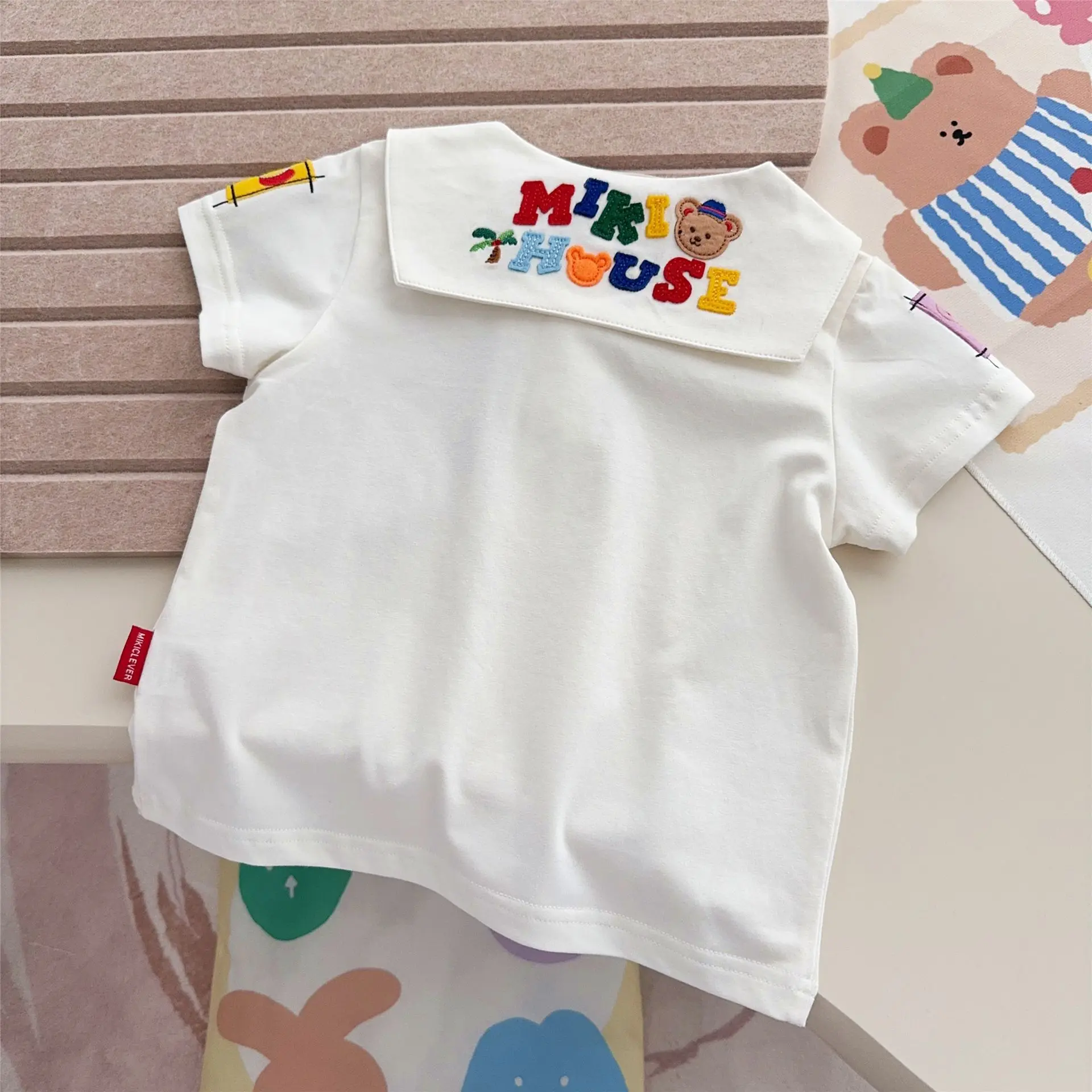 Japanese Baby Inner Shirt 2025 Summer New Cute Navy Bear Vacation Style Navy Collar Short Sleeved Shirt